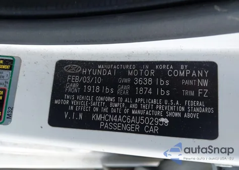 2010 Hyundai Accent Gls z USA, uszkodzony, nr VIN KMHCN4AC6AU502953